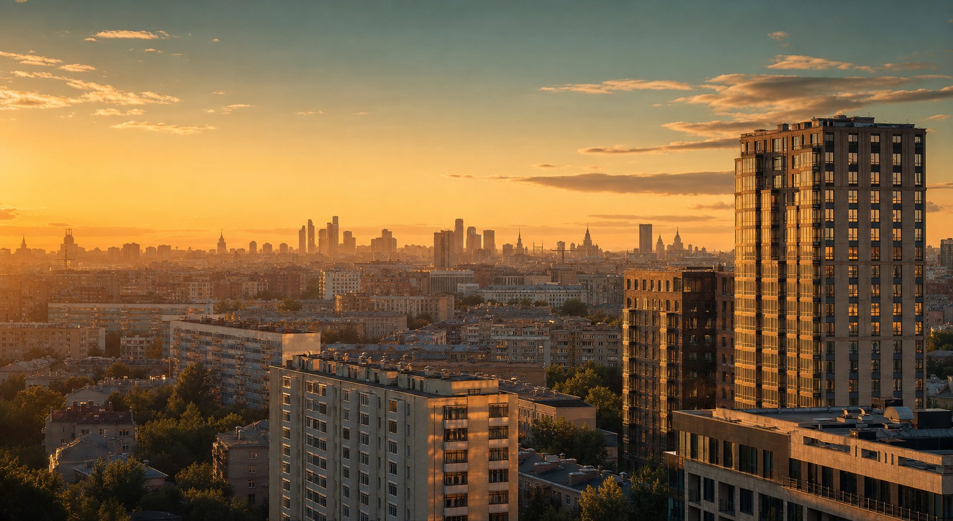 Панорама жилой Москвы в тёплом закатном свете